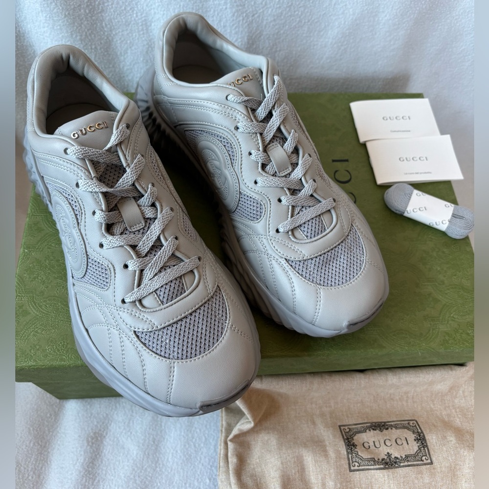 New Gucci Men's sz 9.5 GG Ripple Lace-Up Sneakers Gray leather silver $1290 - Picture 2 of 8
